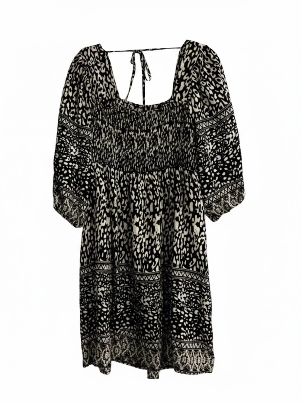 Umgee USA Smocked Boho‎ Animal Print Dress Black White Sz L Smocked Chest